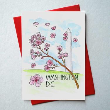 Washington, D.C. Monument and Cherry Blossoms Watercolor Illustrated Greeting Card/Stationery + Envelope