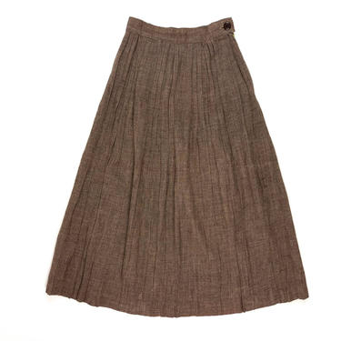 1950s Vintage Brown A Line Midi Skirt 22&amp;quot; High Waist Pleated Wool Secretary Side Zip Below the Knee Skirt 