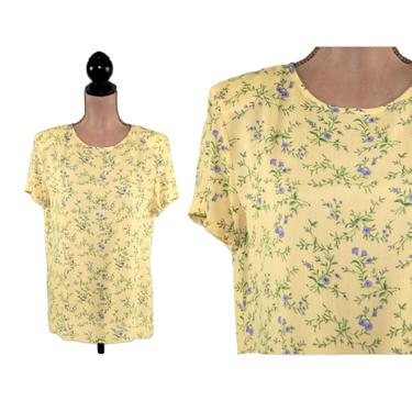 Yellow Floral Rayon Print Blouse, Short Sleeve Boxy Pullover, Loose Fit Top, 1980s Clothes Women, 80s Vintage Clothing by Norton McNaughton 