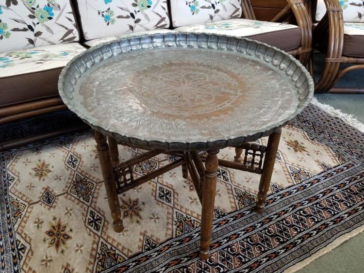 Boho Chic metal tray table with wood base