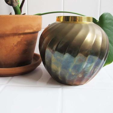 Vintage Brass Vase - 80s Hollywood Regency Heavy Brass Pot - Ridged Ripple Vase - Dried Flower Vase - Bohemian Home Decor 
