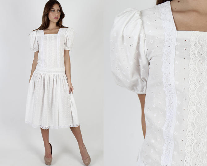 Vintage 80s Off White Gunne Sax Dress, Plain Cut Out Eyelet Dress / Simple Floral Embroidered Lace Bridesmaid Midi Mini Dress 