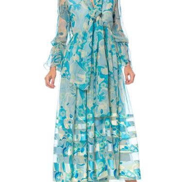 1970S Aqua Blue Floral Silk Chiffon Dress With Attached Scarf 