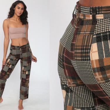 Y2K Plaid Pants High Waisted Tapered Pants 00s Brown Trousers Cotton Trousers Tan Mid Rise Straight Leg Vintage Retro Bottoms Small 