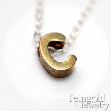 Letter C Necklace - Tiny Initial - Vintage Brass Initial Pendant on Sterling Silver Chain - Free US Shipping 