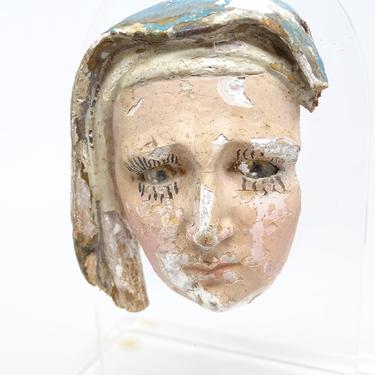 Antique Saint Mary Santos Head Fragment with Glass Eyes on Museum Stand, Polychrome,  Vintage Religious Folk Art, Madonna, Our Lady 