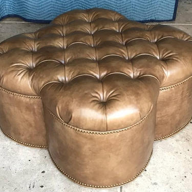 Leather ottoman, clover shaped tufted leather coffee table ottoman, distressed leather coffee table 38&amp;quot; diam coffee ottoman- Available NOW 