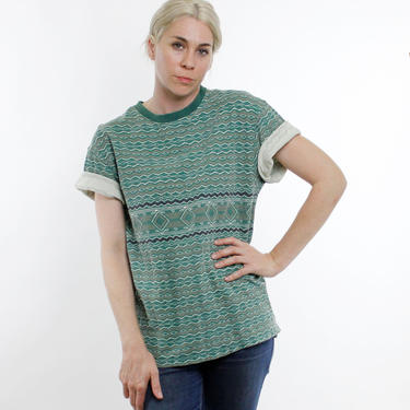 Vintage 90's textured cotton t-shirt, Arizona brand, tribal ethnic inspired geometric pattern, green / white / tan - Medium 