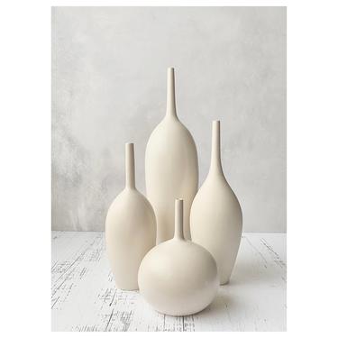 SECONDS SALE- Ships Now- set of 4 white matte bottle vases by sara paloma pottery .  minimal modern stoneware mid century shelf decor 