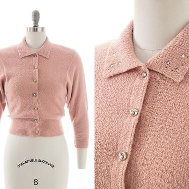 Vintage 1940s 1950s Cardigan | 40s 50s Rhinestone Studded Pink Knit Bouclé Wool Cropped Sweater Top (x-small/small) 