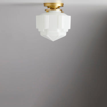 Art Deco - flush mount - ceiling fixture -  skyscrapper -  Brass light fixture - White  glass 