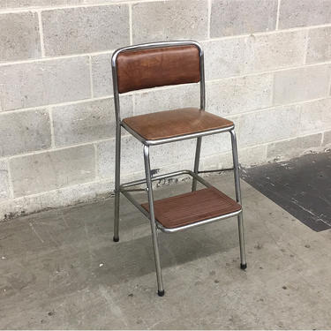 Vintage Step Stool Retro 1980s Cosco + Brown Vinyl + Silver Metal Frame + Small Ladder + Folds Up + Extra Seating + Home Decor and Furniture 