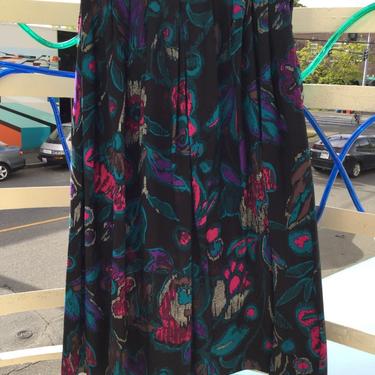 80s Rayon skirt bright abstract floral on black Size 2/4 