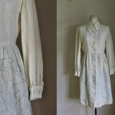 Vintage 1970s Anne Fogarty Quilted Cream Dress / XS 