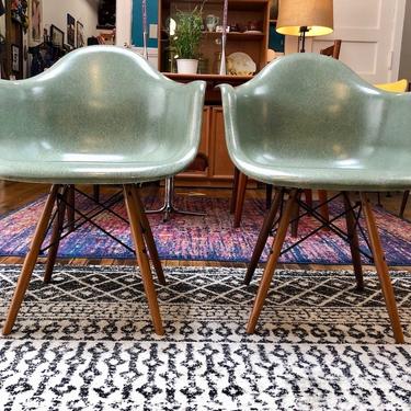 Pair of Fiberglass Shell Arm Chairs by Modernica with Dowel Leg Base