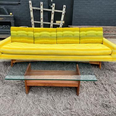 Mid Century sofa attributed to Adrian Pearsall. A beautiful woven lemon/lime stripe upholstery. 92&rdquo; x 32". 