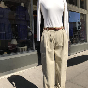 90’s Tweed’s cotton trousers~ high waisted pleated pants~ rolled cuff  light tan~ 1990 mom jean style~ relaxed tapered leg~ size 29” waist 