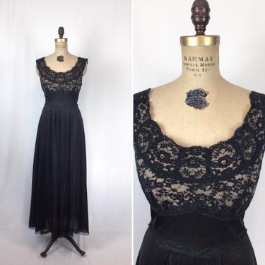 Vintage 50s nightgown | Vintage black tricot lace nightdress | 1950s Vanity Faire negligee 