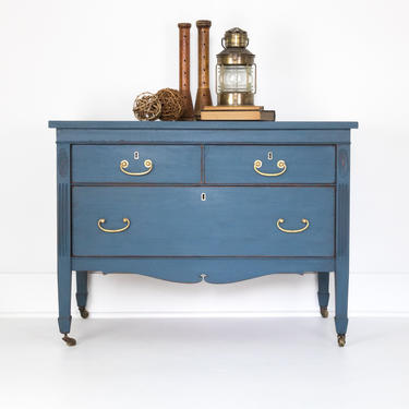 SOLD SOLD Blue Vintage Chest of Drawers Dresser Painted w/ Milk Paint Original Brass Hardware Casters Bedside Table Night Stand Bedroom 