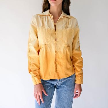 Vintage 70s MORE Paris St. Tropez Yellow Hand Dyed Ombre Pleated Top | Made in France | 100% Cotton | 1970s French Designer Bohemian Blouse 