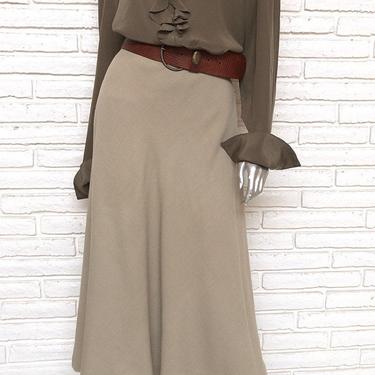 Vintage Beige Khaki Brown MIDI Skirt Size Med Flair Circle Skirt M 100% Wool 30” Waist 