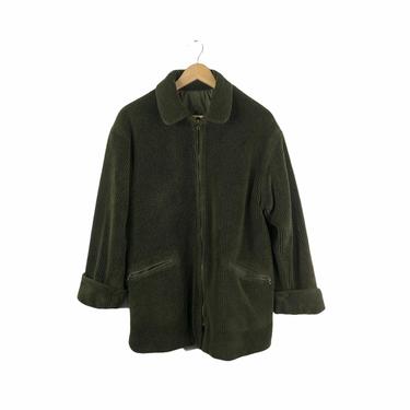 Vintage Moss Green Wide Wale Corduroy Zip Up Teddy Jacket, Large 