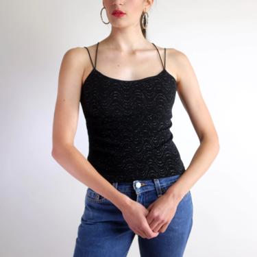 Black Cropped Tank Top, Vintage 90s Y2k Micro Strap Tank Simple Sleeveless Blouse, 90s Wave Pattern Sparkly Casual Fitted Stretch Top 