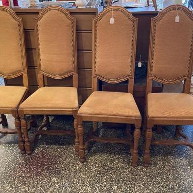 1970’s upholstered oak chairs. 7 available 18” x16” x 45” seat height 18”