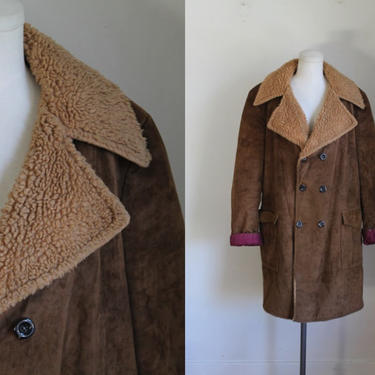 Vintage 1970s Faux Suede &amp; Faux Shearling Coat / men's L / women's XL-1XL 