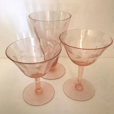 Vintage (3) Champagne Coupe Parfait Glass Pink Optic Etched Flower Depression Glass-Great Condition 