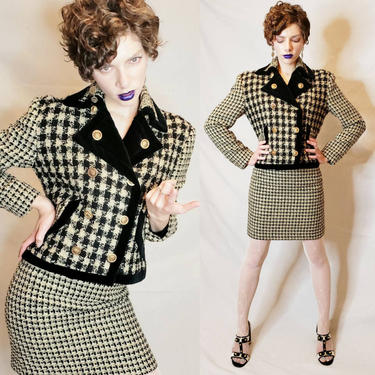 1990s Wool Skirt Suit Black and Gold Vertigo Pour La Ville / 90s Checked Wool and Black Velvet Skirt and Fitted Blazer Set Made in France/ S 
