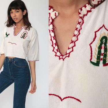 Mexican Embroidered Blouse VIRGIN MARY Crop Top Cactus Hippie Boho FESTIVAL Cotton Bohemian White Floral Vintage Cropped Shirt Retro Small 