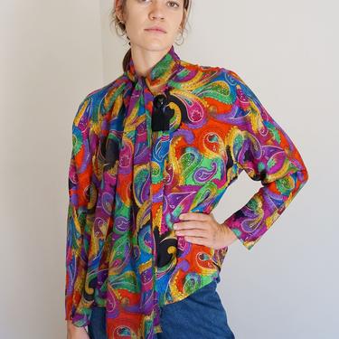 Vintage AKRIS Punto Silk Rainbow Paisley Pussy Bow Tassel Blouse Psychedelic Button Up Multicolor 90s 