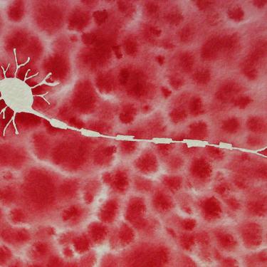 Red Batik Multipolar Neuron - original watercolor of brain cell 