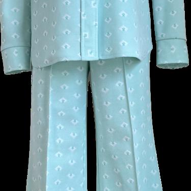 70s Aqua Deco Print Knit Pant Suit Collared Shirt Set By Jc Penney Fashions