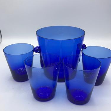 Vintage 5 Piece set 4 Whiskey  cocktail glasses and matching ice bucket Cobalt Blue  Glass 
