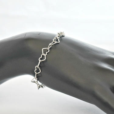 Dainty 70's Italy sterling wire hearts romantic hippie boho bracelet, 925 silver minimalist heart shaped rolo chain sweetheart stackable 
