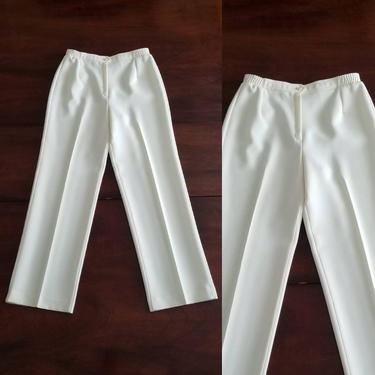 1980s Off White High Waist Trousers, Small to Medium ~ Flat Front Slacks ~ Ivory Creased Straight Leg Pants ~ Petite Pinup Style Dress Pants 