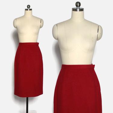 Vintage 50s Cashmere Berry Red Skirt / 1950s High Waist Tailored Pencil Skirt 