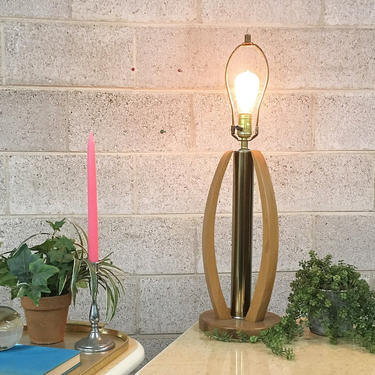 Vintage Lamp Retro 1990s Wood + Metal Table Lamp + Curved + Carved + Wood + Arm + Details + Base + Gold + Metal + Home + Office + Lighting 