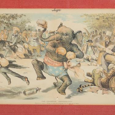 The Champion Knocker Out Sackett  Wilhelms Litho. Co., New York Republican Party Elephant Political Satire Teddy Roosevelt 