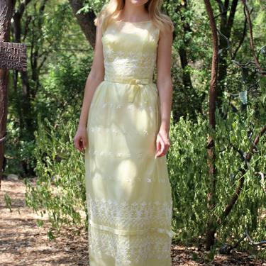 Vintage 1960s Bonwit Teller Evening Gown Mother Of The Bride Yellow White Cocktail Dress XS Women 