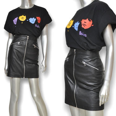 Y2K Black Leather Zipper Front Mini Skirt M High Waisted Glam Rock 