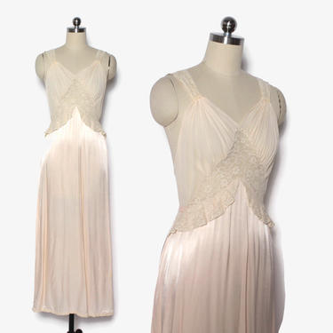Vintage 40s Satin &amp; Lace Nightgown / 1940s Palest Peachy Pink Bias Cut Slip Dress 