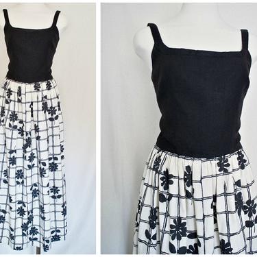 1950s Vintage Black White Linen Maxi Dress | Daisy Check Daisies Print | Size Medium 
