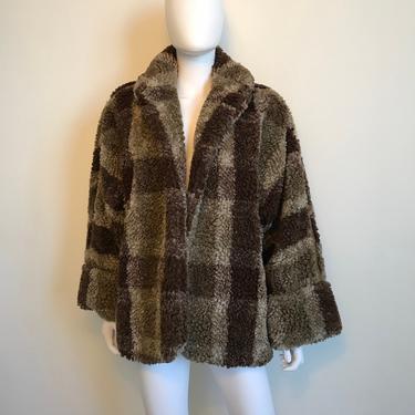 Vtg 70s faux fur nubby loose fit plaid jacket coat medium 