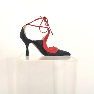 Vintage Shoes / 90s Christian Louboutin Lace Up Heels / Black Red ( size 8 ) 