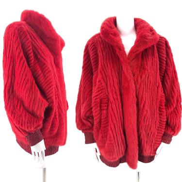 80s lipstick red FOX FUR coat / vintage 1980s wild ribbed reversible fur to leather jacket sz L 