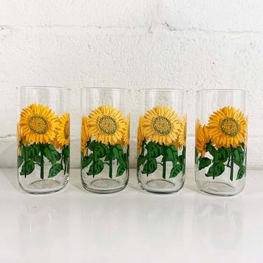 Vintage Libbey Glasses Set of 4 Sunflowers Sunflower Flowers Retro Juice Glass Barware Cocktail Mid-Century Green Yellow 1980s 80s 