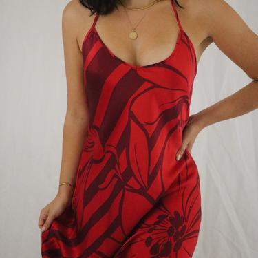 Vintage Crimson Red + Berry Floral Floor Length Silk Slip Dress - Cut Out Open Back- Medium - Victoria’s Secret Slip Dress 